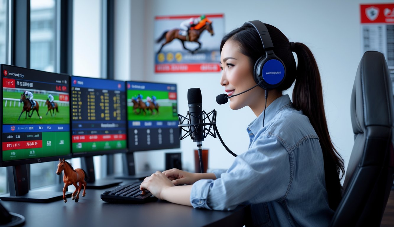 Seorang wanita muda sedang melakukan siaran langsung taruhan kuda di depan beberapa layar komputer.