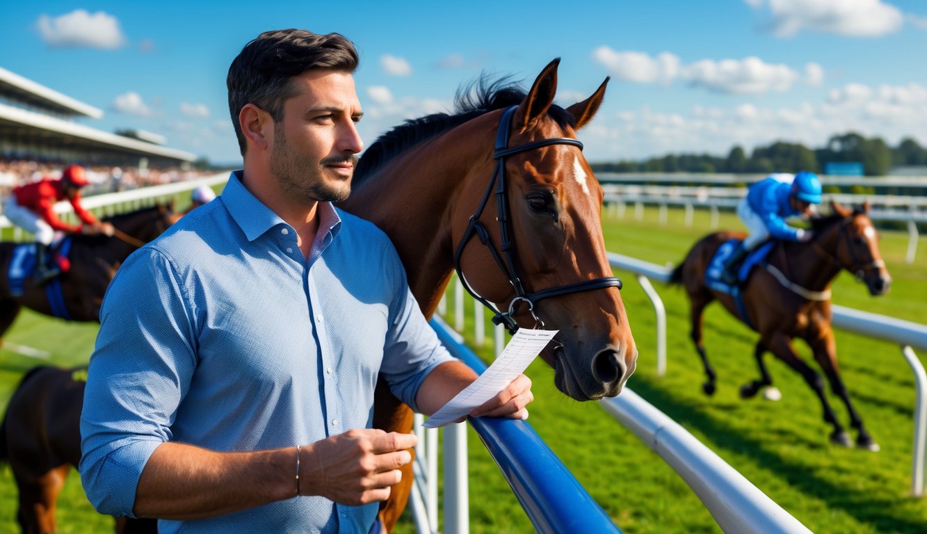 Seorang pria berdiri di samping kuda di lintasan pacuan kuda sambil memegang slip taruhan dan melihat ke arah lintasan pacuan.