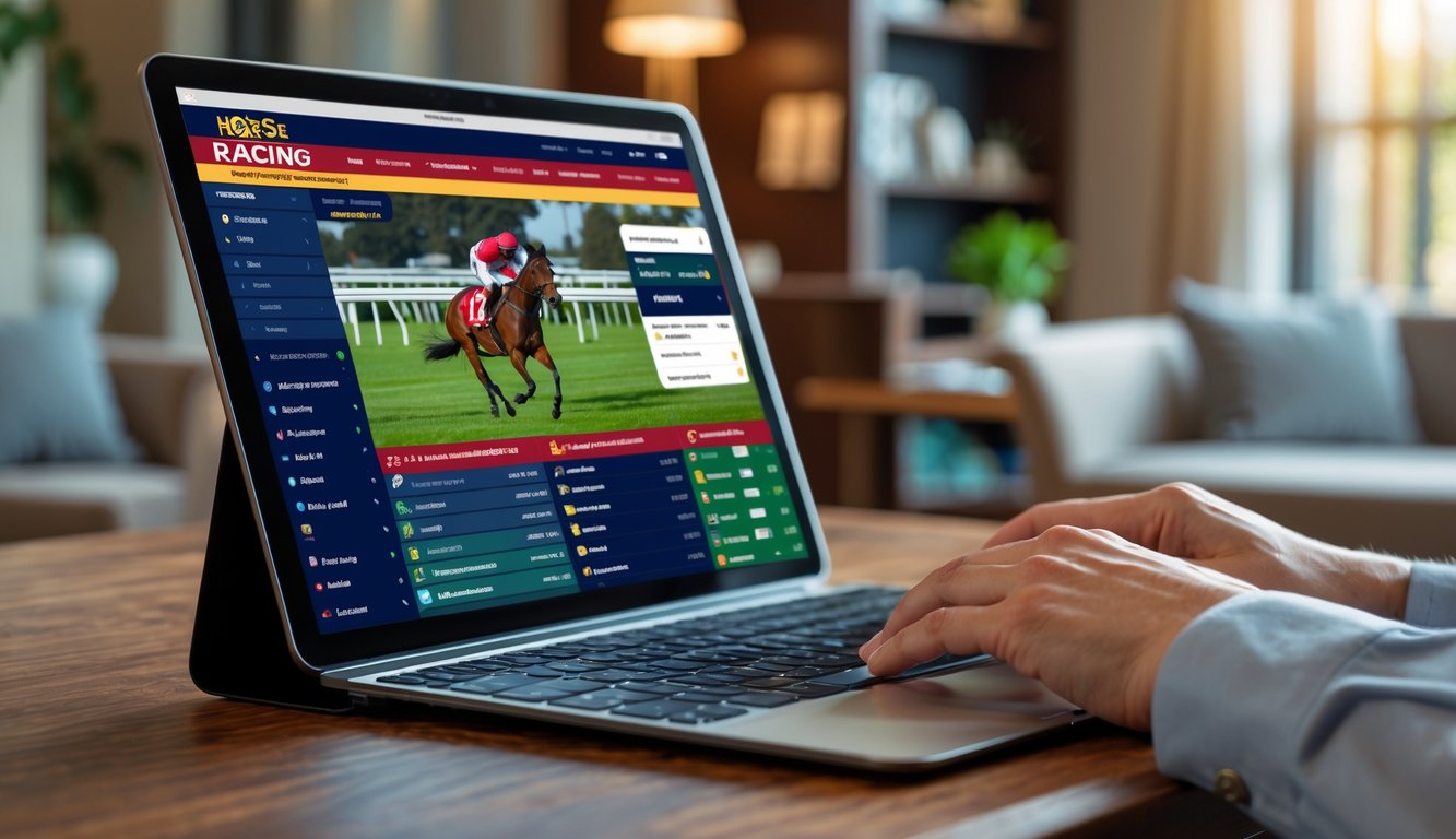 Seseorang menggunakan laptop menonton balap kuda online di meja kerja di dalam ruangan.