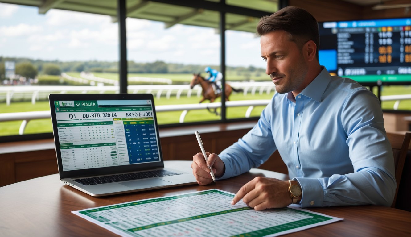 Seseorang duduk di meja dengan panduan balap kuda dan laptop, mengamati data taruhan kuda dengan latar belakang lintasan balap dan kuda yang sedang berlari.