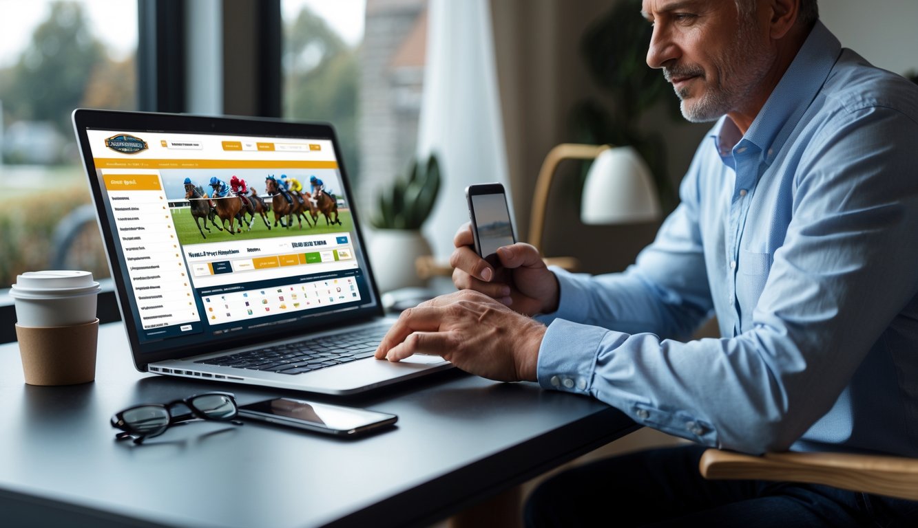 Seorang pria dewasa duduk di meja dengan laptop terbuka menampilkan situs taruhan kuda, memegang ponsel dan terlihat fokus.