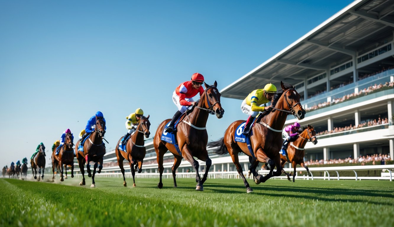 Lomba kuda di lintasan hijau dengan beberapa joki mengenakan pakaian balap berwarna-warni dan penonton di tribun latar belakang.