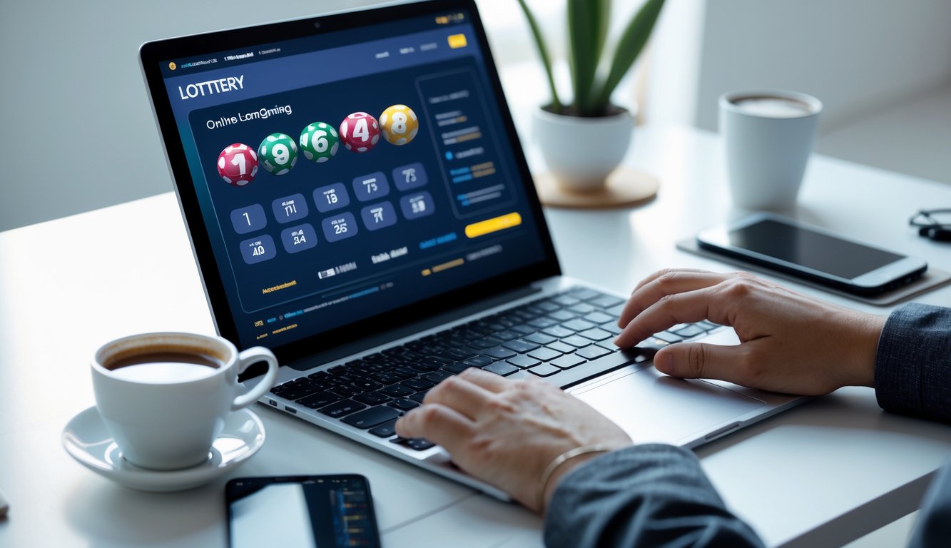 Sebuah ruang kerja modern dengan laptop yang menampilkan situs togel online, tangan seseorang sedang mengetik, dan suasana kantor yang bersih dan terang.