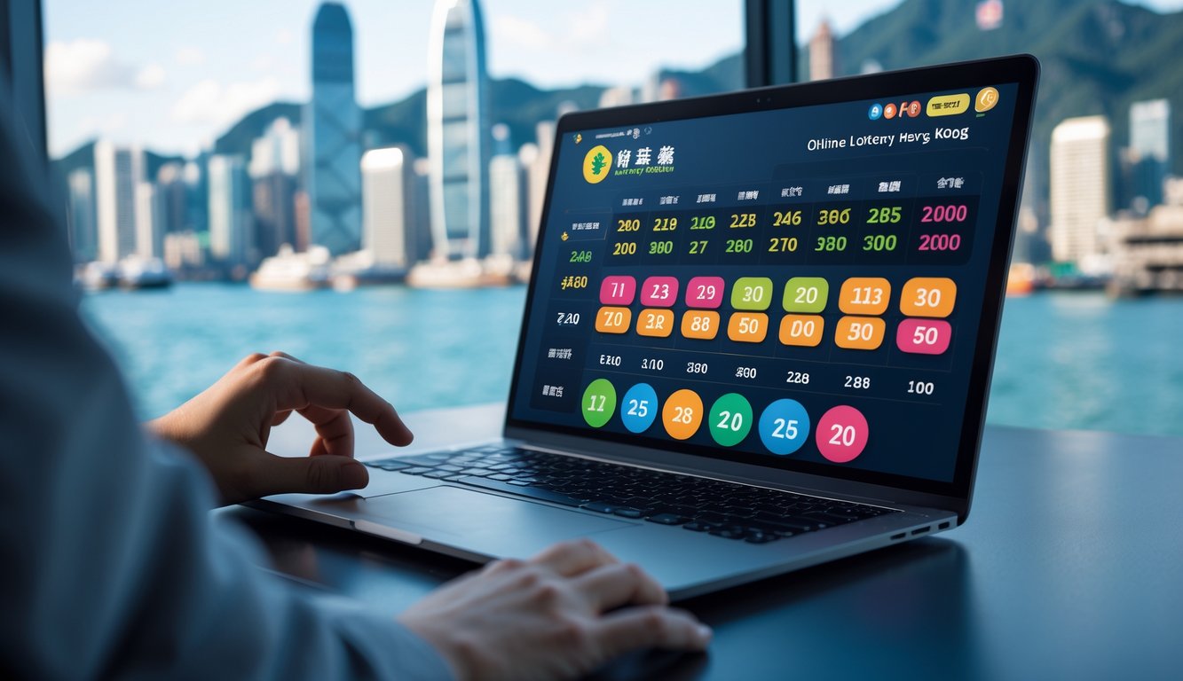 Seseorang menggunakan laptop di meja kerja dengan latar belakang pemandangan kota Hong Kong, menampilkan konsep lotere online.