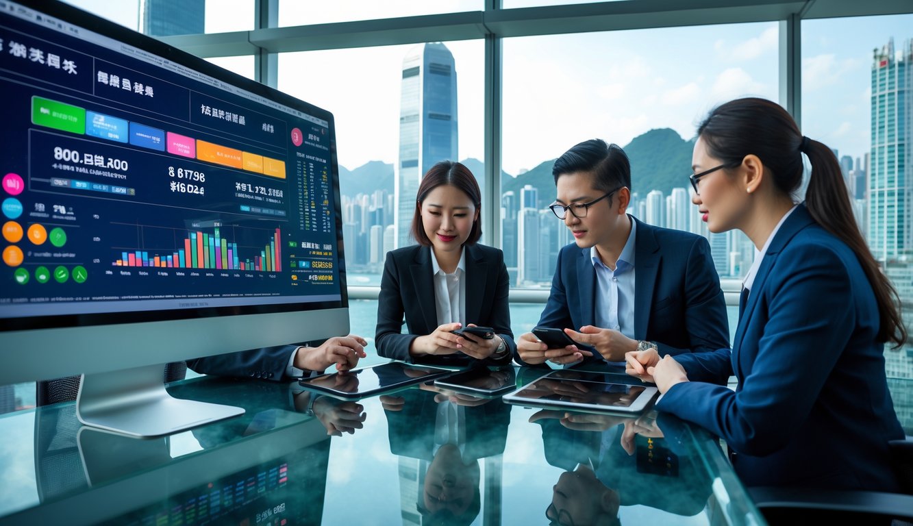 Sekelompok profesional sedang menganalisis data di kantor modern dengan pemandangan kota Hong Kong di latar belakang.