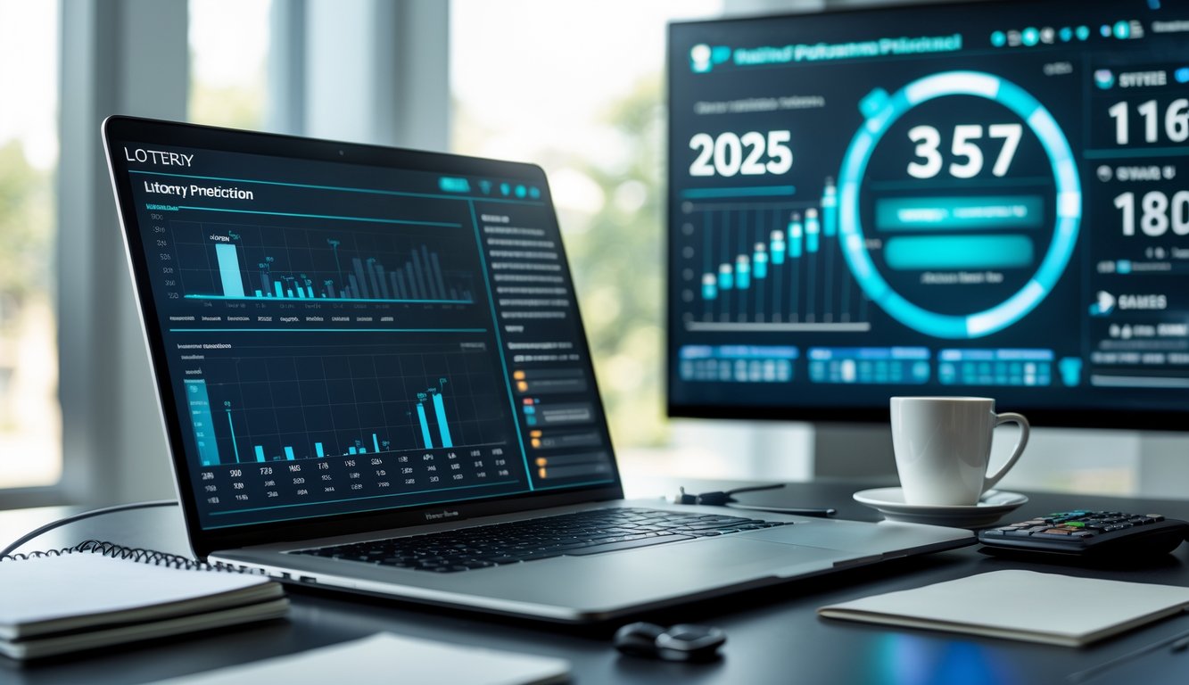 Sebuah ruang kerja modern dengan laptop yang menampilkan grafik dan data analisis, dikelilingi oleh buku catatan, kalkulator, dan cangkir kopi.