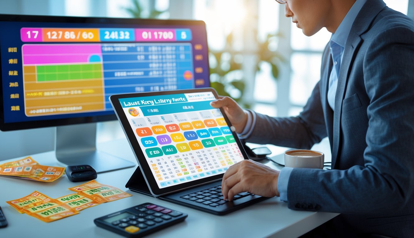 Seseorang sedang menganalisis hasil togel terbaru di sebuah meja dengan layar digital dan perangkat elektronik di kantor yang terang.