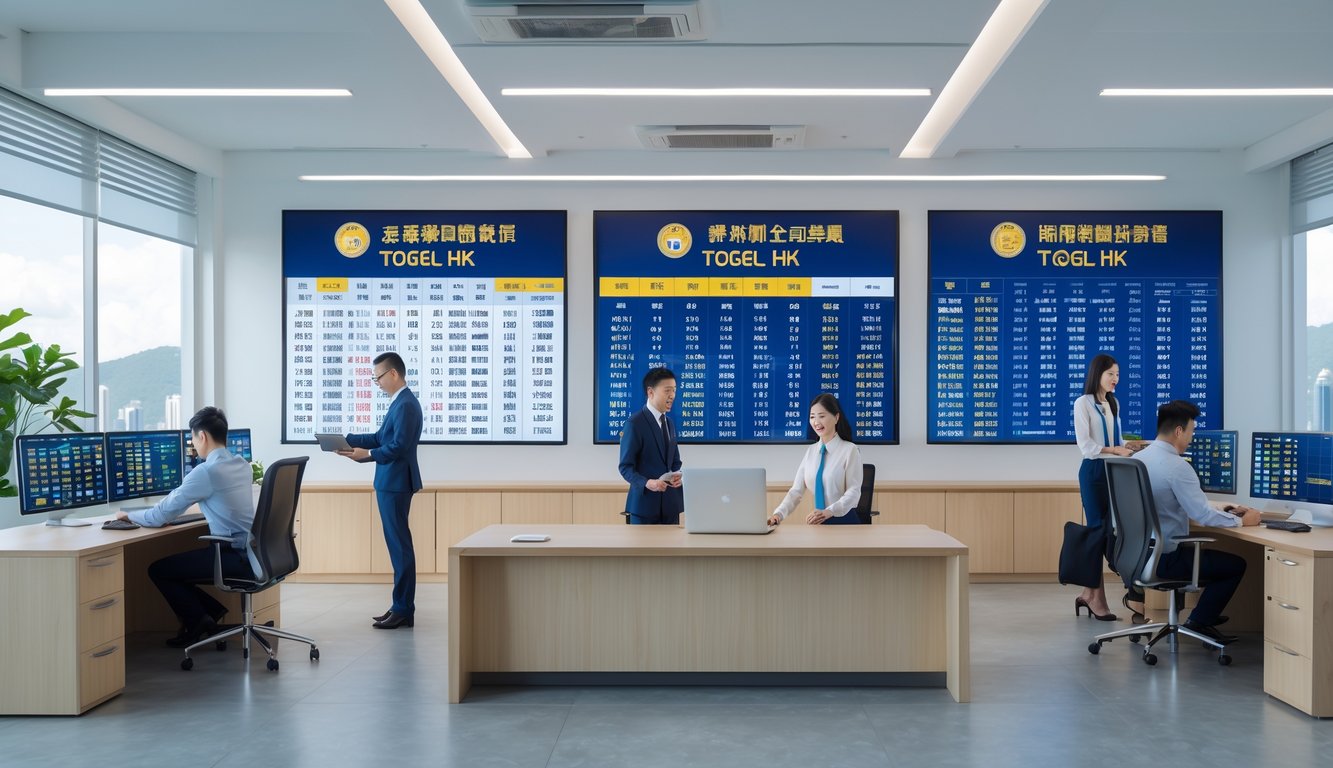 Suasana kantor agen togel Hong Kong dengan beberapa orang profesional bekerja bersama di ruang terang dan modern.