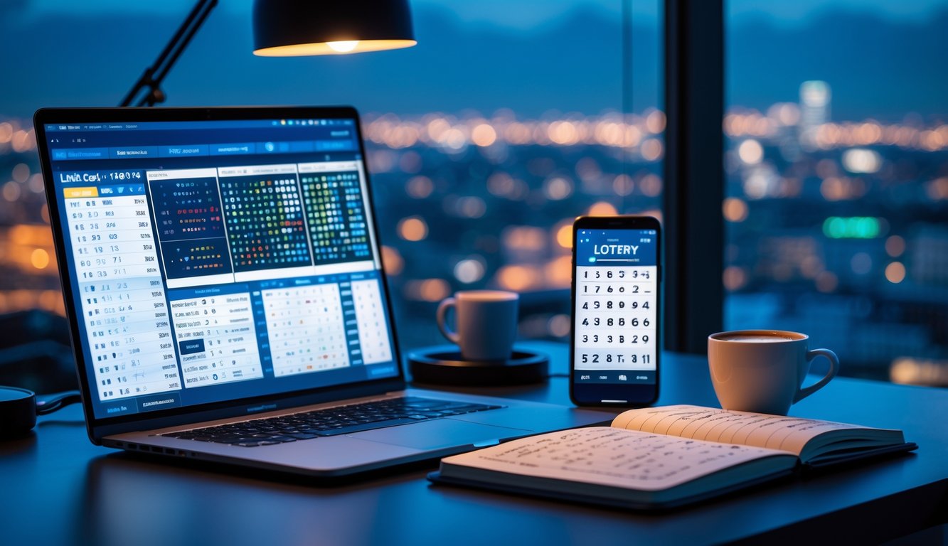 Meja kerja modern di malam hari dengan laptop, ponsel, dan buku catatan yang menunjukkan aktivitas terkait lotere.