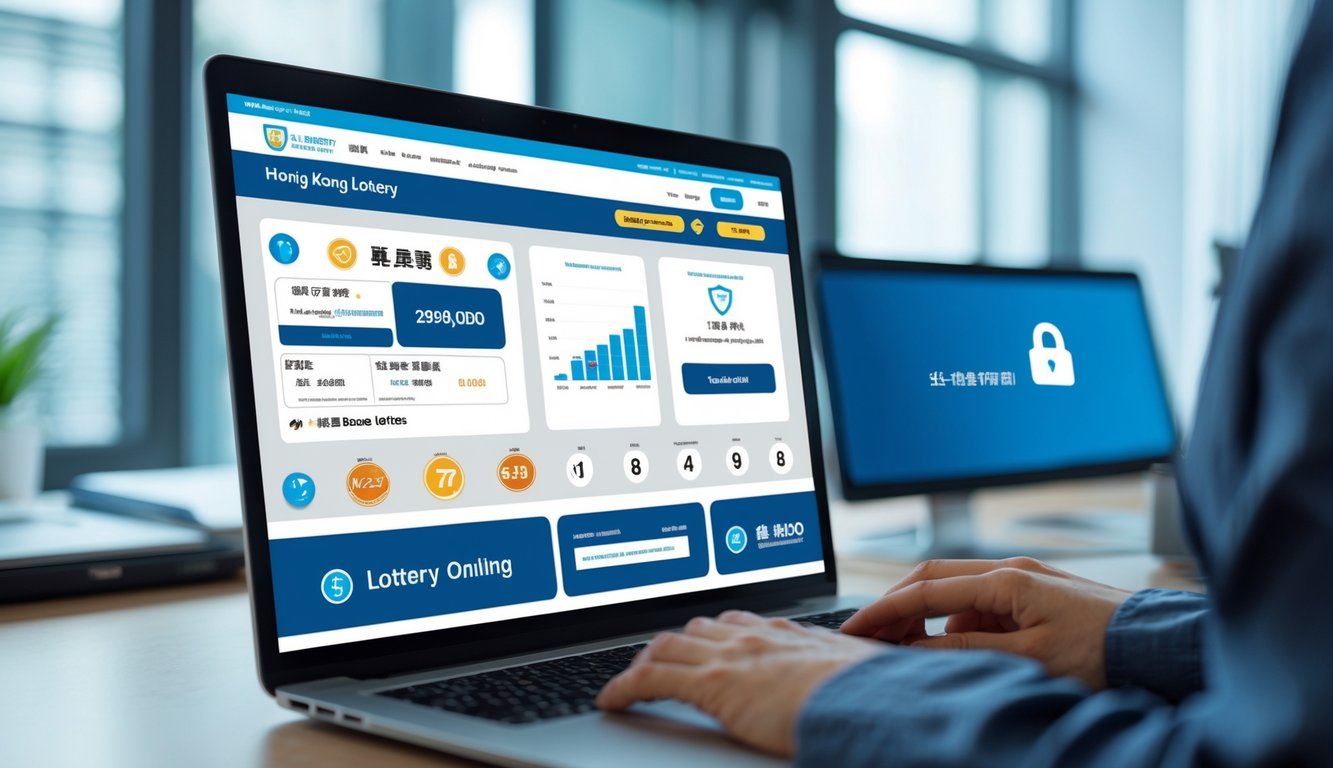 Seseorang menggunakan komputer di meja kerja yang rapi dengan tampilan situs lotere yang aman di layar.
