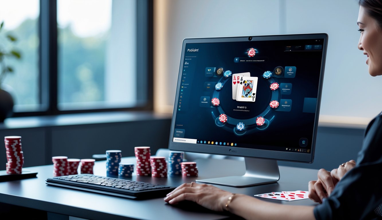Seorang pemain poker online fokus bermain di depan komputer dengan chip dan kartu poker di meja.