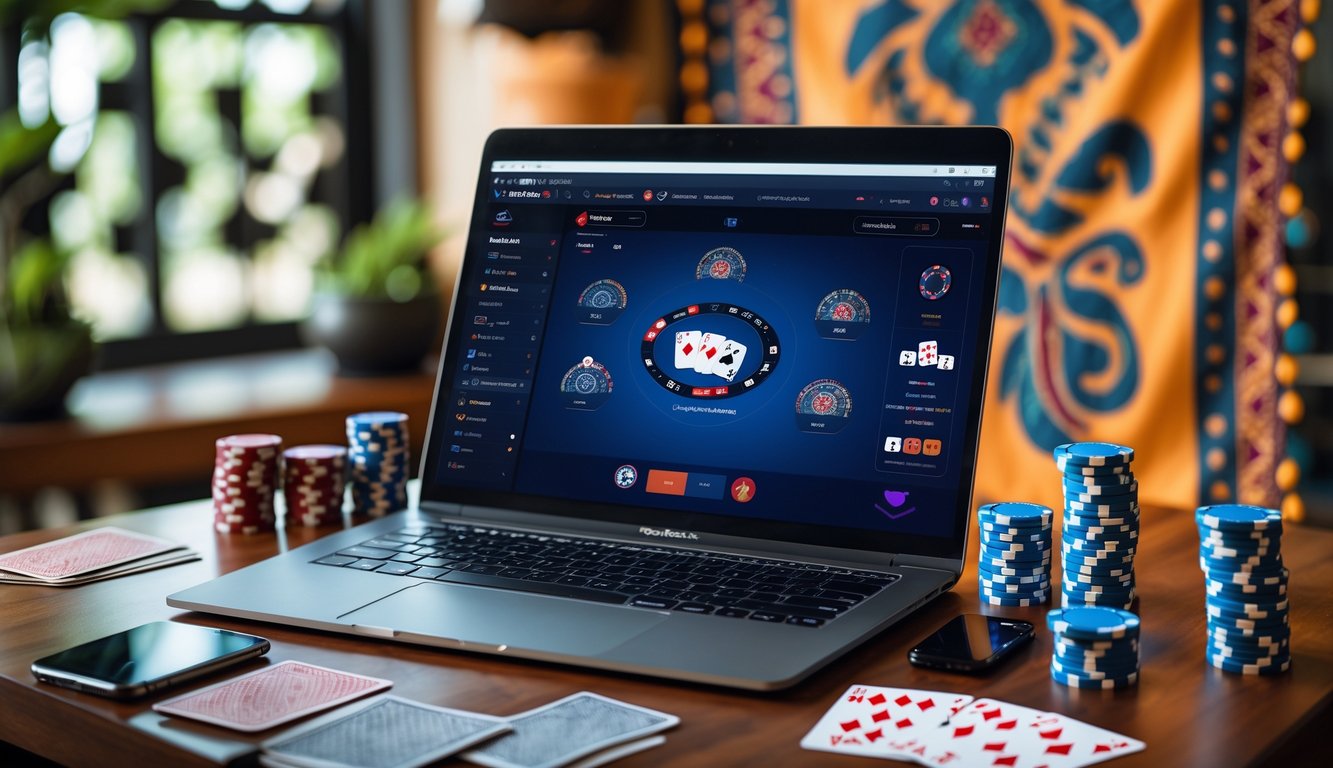 Meja kerja dengan laptop yang menampilkan permainan poker online, chip poker, kartu remi, dan ponsel, dengan latar belakang motif batik Indonesia.