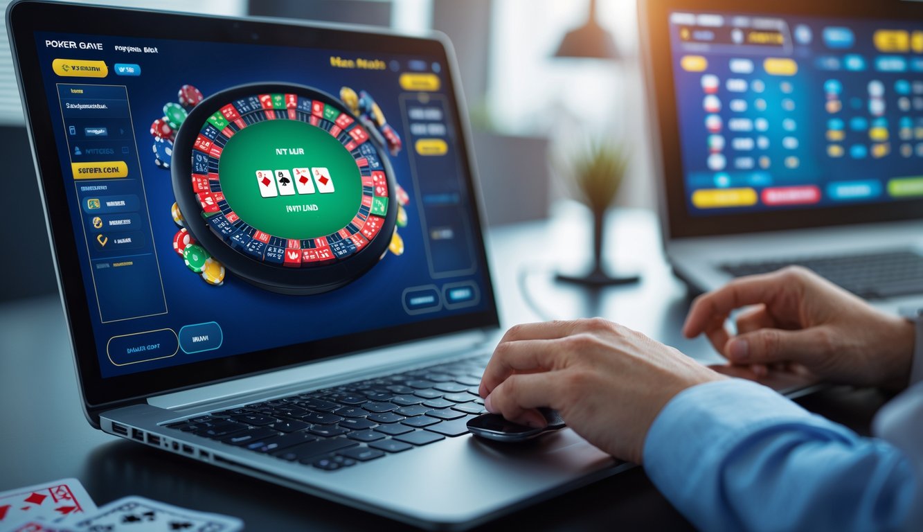 Seseorang bermain poker online dengan uang asli menggunakan komputer di meja kerja modern.