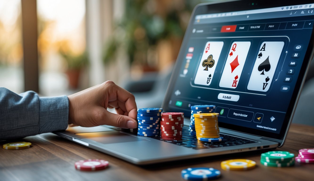 Seseorang bermain poker online menggunakan laptop dengan tumpukan chip poker di sampingnya di dalam ruangan yang nyaman.