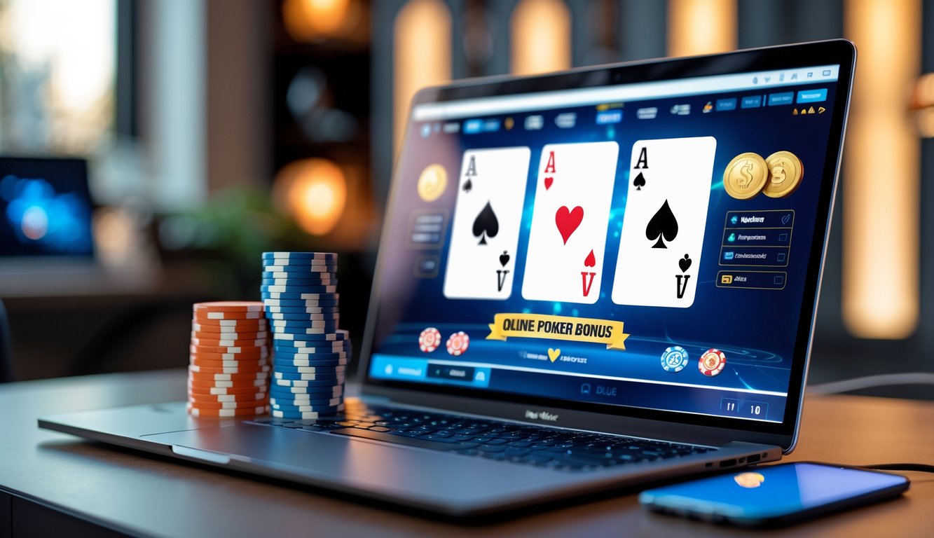 Sebuah laptop modern menampilkan permainan poker online dengan tumpukan chip poker berwarna-warni di sampingnya di dalam ruangan dengan pencahayaan hangat.