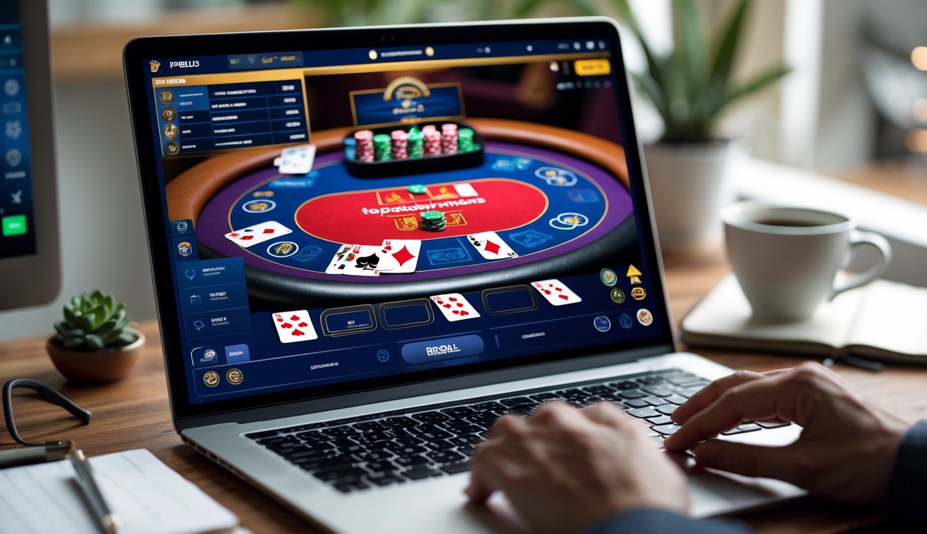 Seseorang sedang bermain poker online di komputer dengan kartu dan chip poker terlihat di layar.