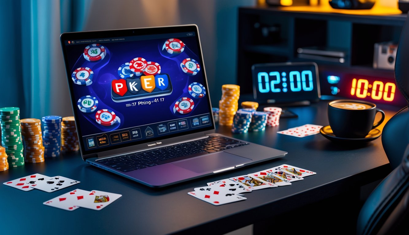 Seorang pemain poker online duduk di depan laptop dengan chip dan kartu poker di meja, lampu lembut menerangi ruangan yang nyaman.