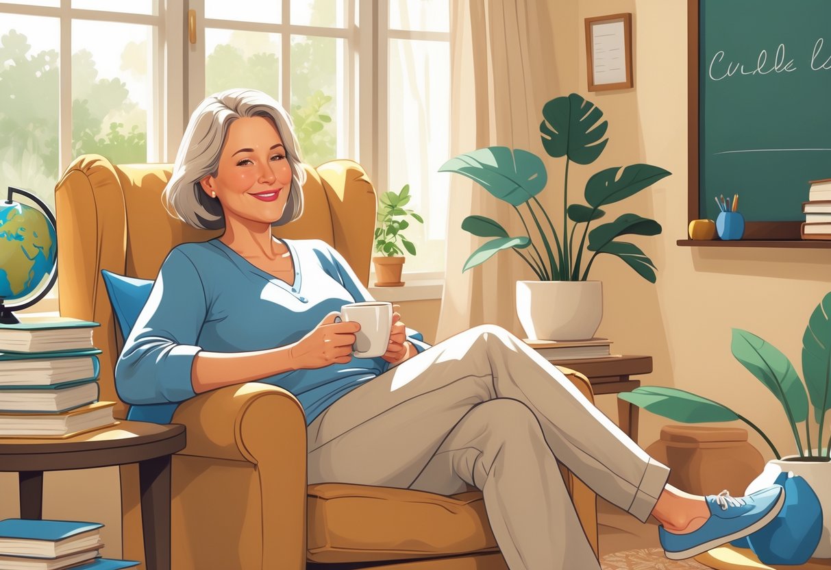 A teacher relaxing comfortably in a cozy home armchair with a cup of tea, surrounded by books and plants.