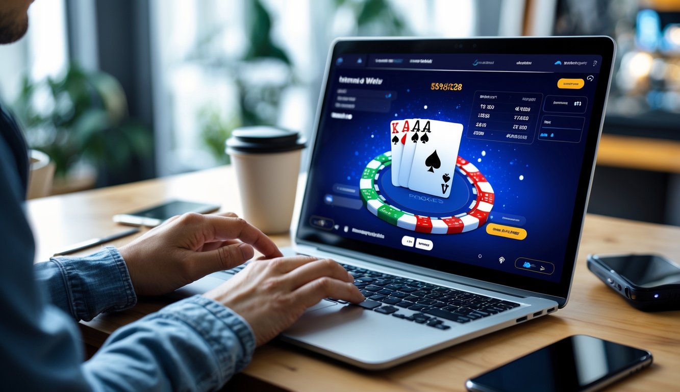 Seseorang menggunakan komputer dengan permainan poker online yang terlihat di layar dalam suasana kerja yang nyaman dan aman.