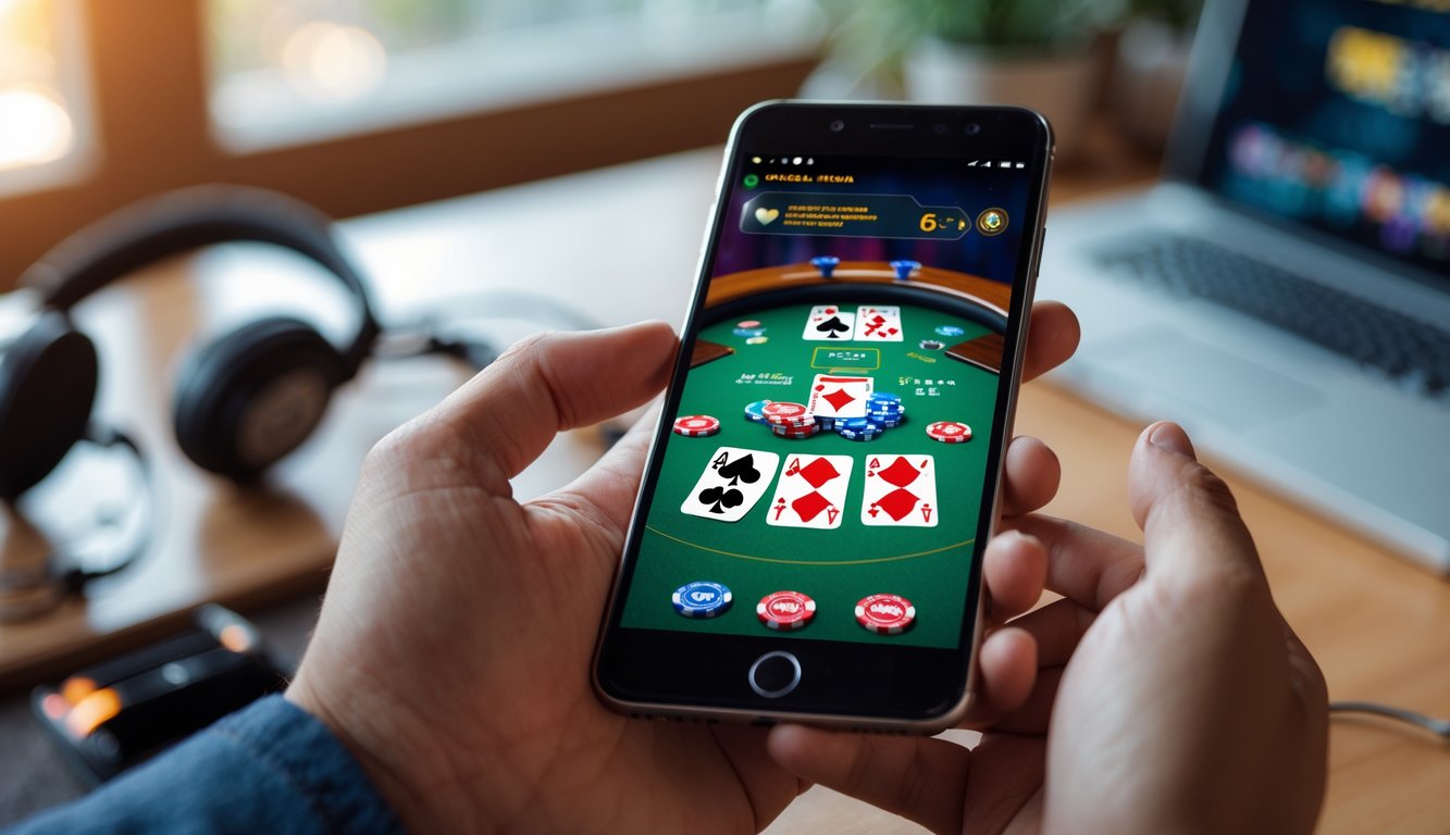 Seseorang memegang ponsel yang menampilkan permainan poker online di layarnya.