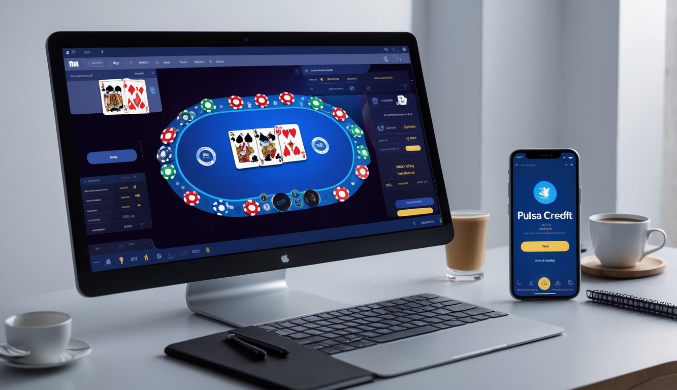 Seseorang menggunakan laptop dan ponsel untuk melakukan deposit pulsa pada permainan poker online.