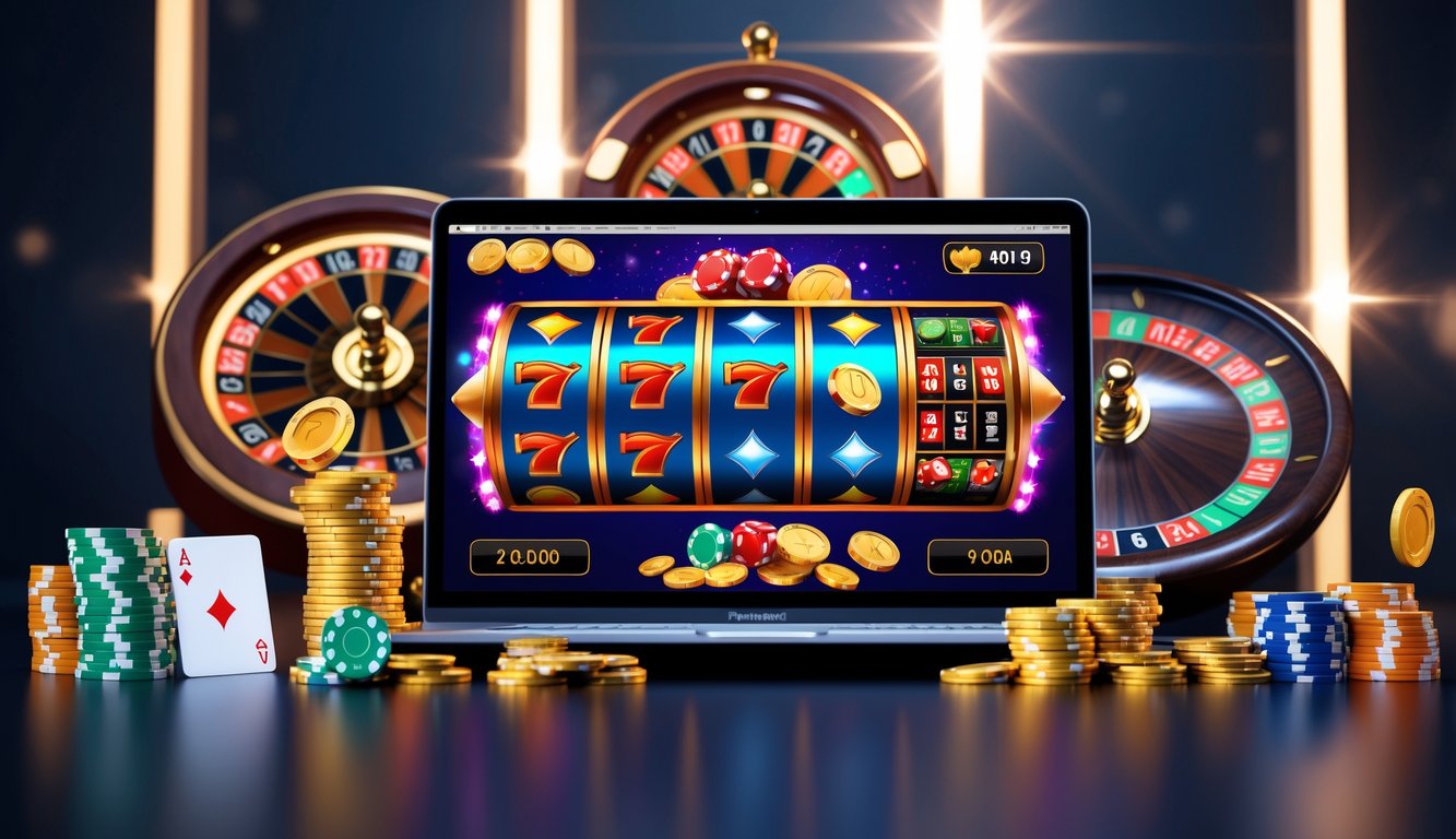 Sebuah laptop menampilkan permainan kasino online dengan simbol keberuntungan dan peralatan kasino di sekitarnya.