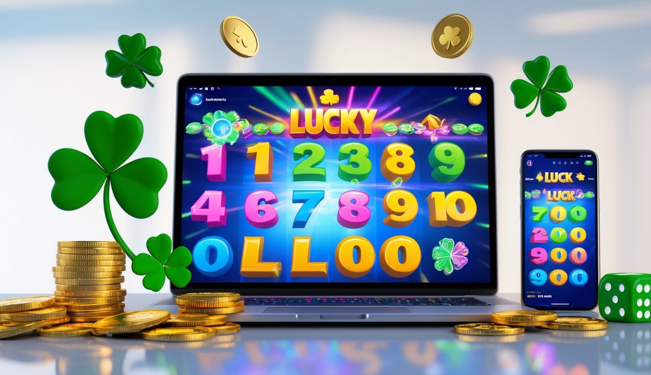 Seorang pria menggunakan laptop dengan tampilan permainan nomor keberuntungan online dan beberapa koin emas serta dadu di sekitarnya.