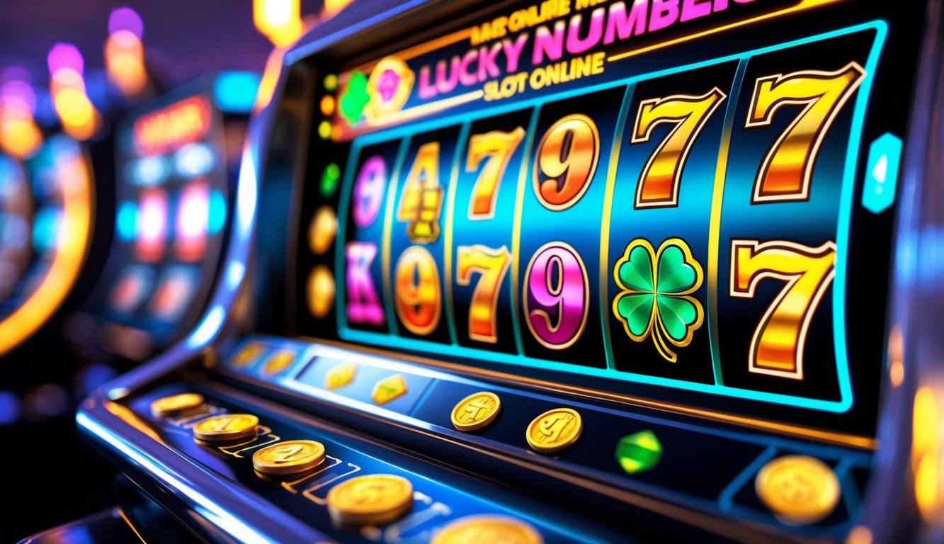 Tampilan layar mesin slot digital dengan simbol keberuntungan seperti angka tujuh, koin emas, dan daun semanggi.