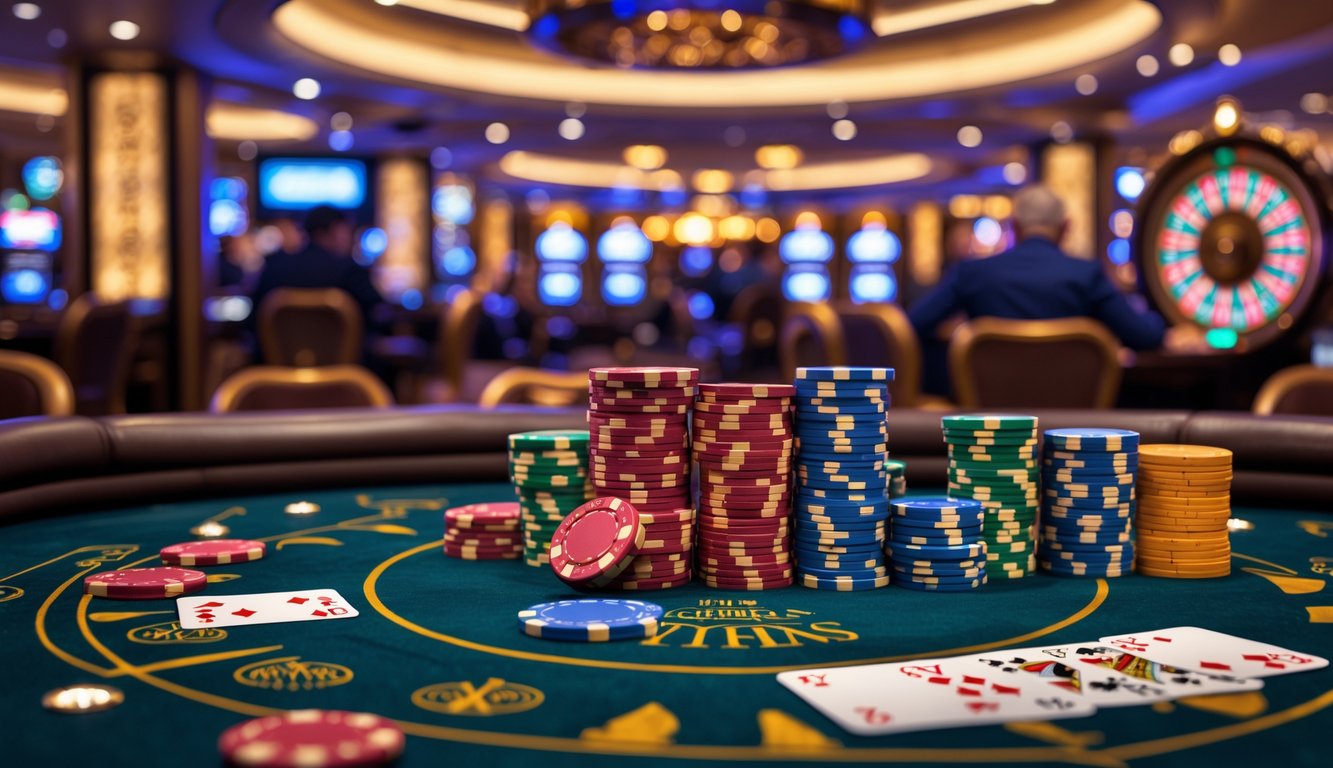 Meja permainan kasino mewah dengan chip poker, kartu remi, dan roda roulette di latar belakang, suasana elegan dan ramai.