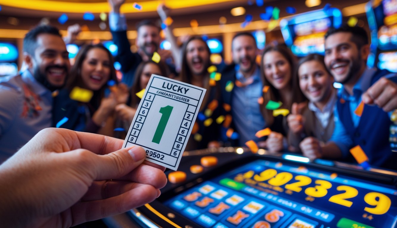 Sekelompok orang merayakan kemenangan jackpot dengan ekspresi bahagia di dalam kasino.