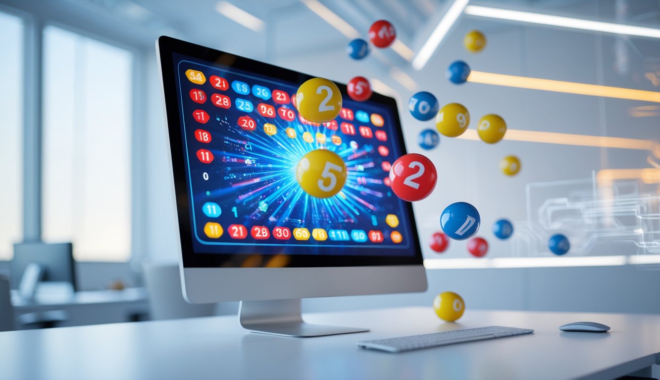 Sebuah layar komputer menampilkan angka keberuntungan dan bola lotere berwarna-warni di lingkungan kantor modern.