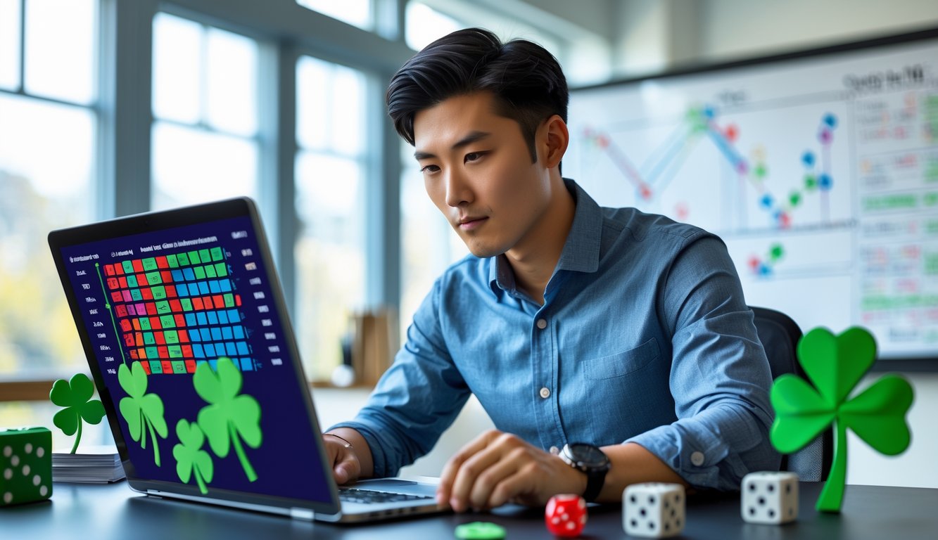 Seorang pria muda duduk di meja kantor dengan laptop, dikelilingi oleh simbol keberuntungan seperti daun semanggi dan dadu.