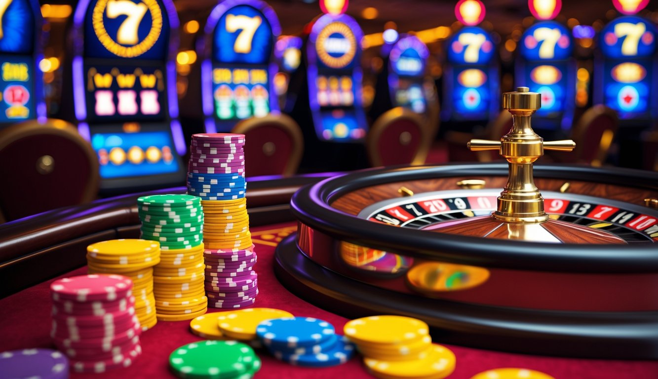 Suasana kasino dengan roda roulette yang berputar dan tumpukan chip warna-warni di dekatnya, serta mesin slot yang menyala di latar belakang.