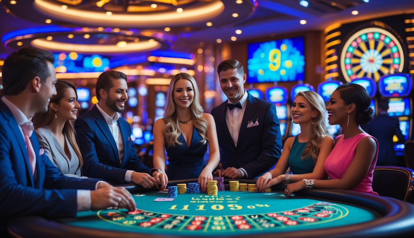 Suasana kasino dengan orang-orang bersemangat mengamati permainan angka keberuntungan secara langsung di meja permainan dengan dealer profesional.