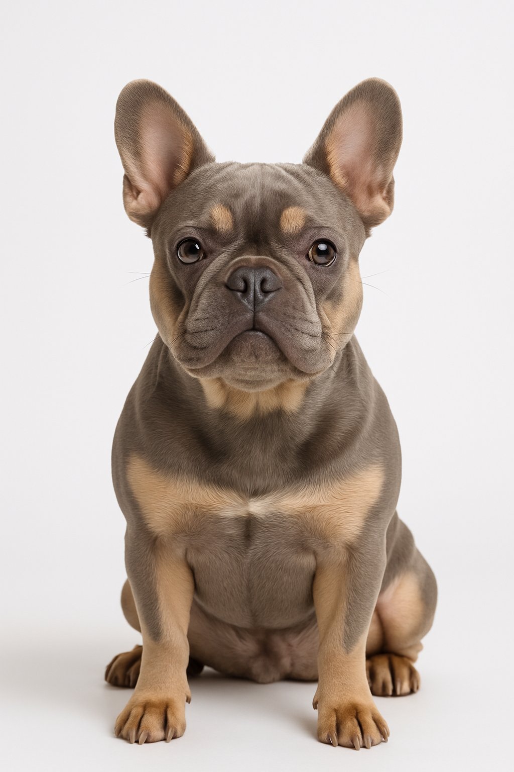 A lilac and tan French Bulldog sitting and looking forward on a white background.