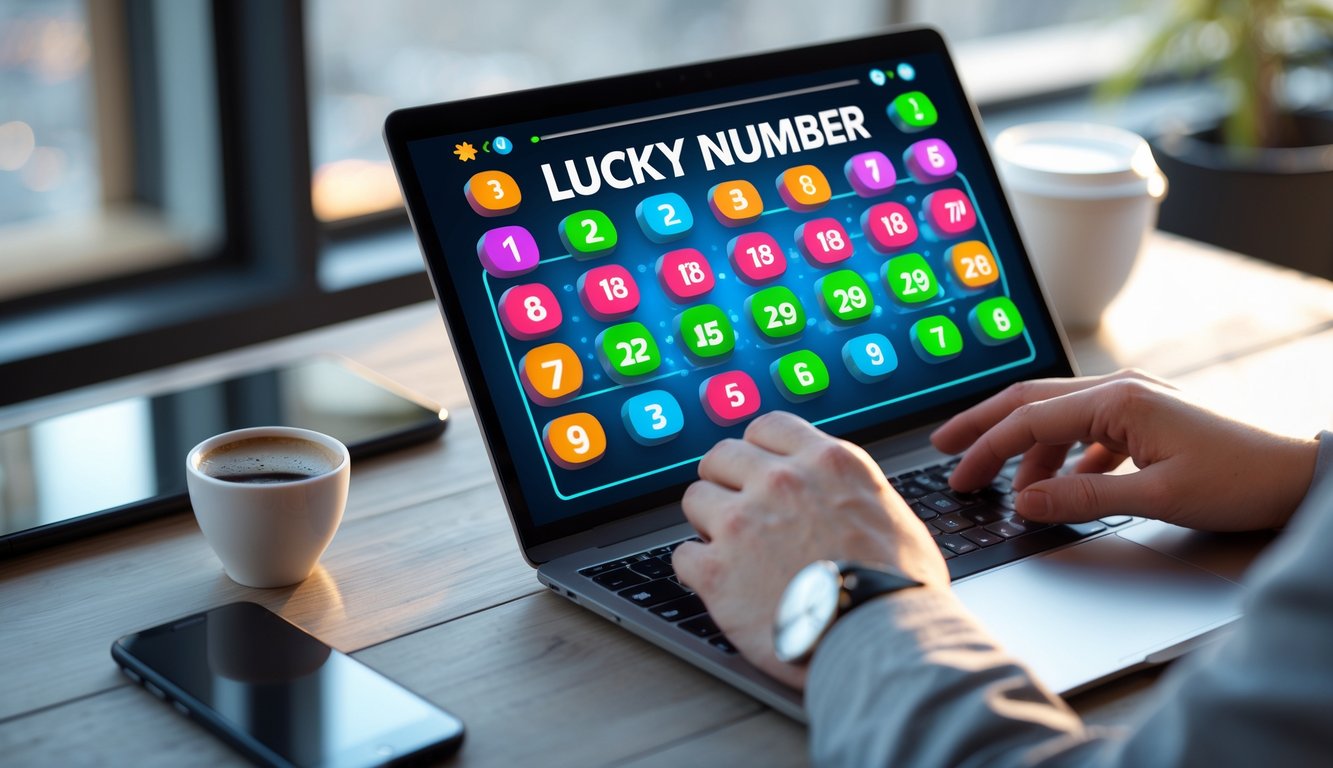 Seseorang menggunakan laptop di meja kerja dengan tampilan antarmuka taruhan angka keberuntungan online.