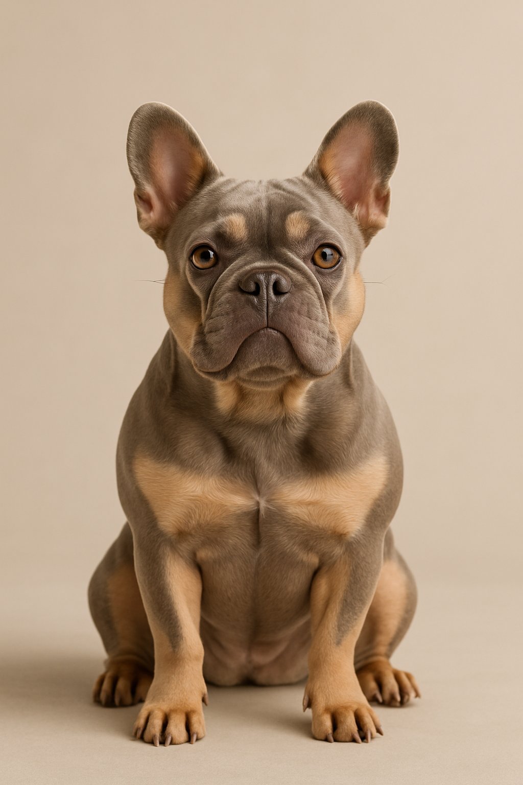 A lilac and tan French Bulldog sitting and looking at the camera against a plain background.