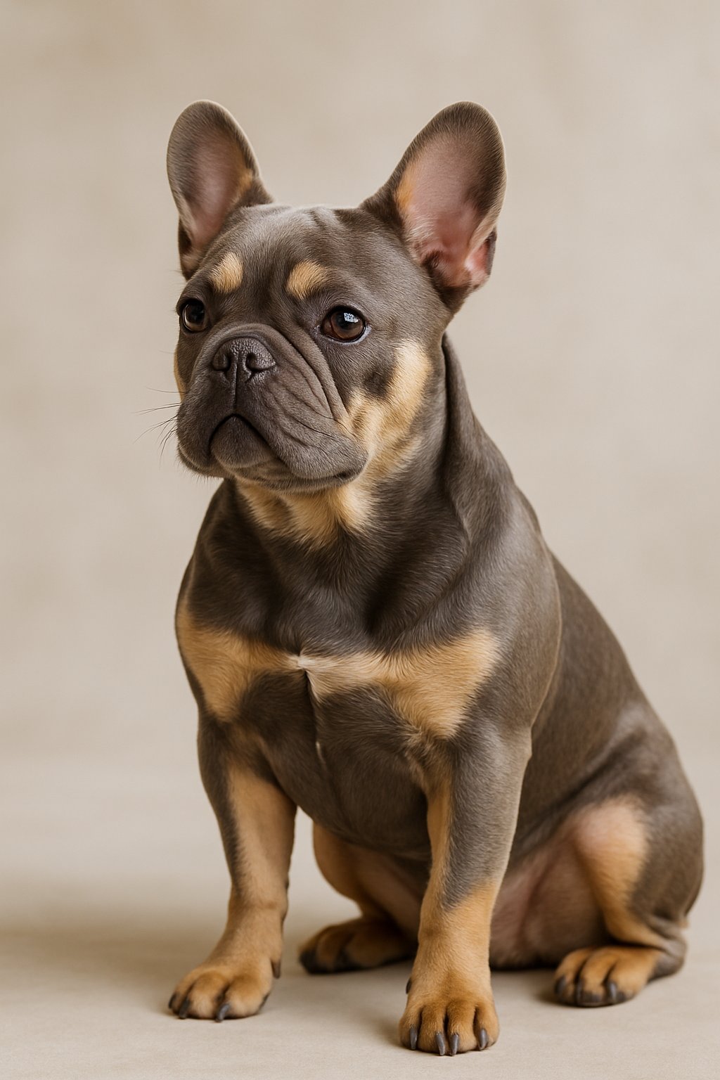 A lilac and tan French bulldog sitting and looking forward against a plain background.