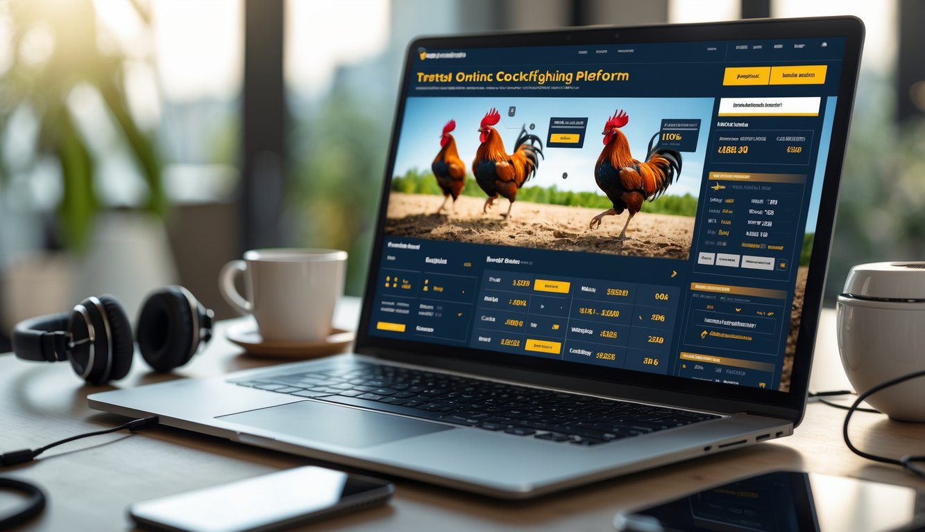 Seorang pria menggunakan laptop di meja kerja dengan tampilan situs sabung ayam online di layar komputer.