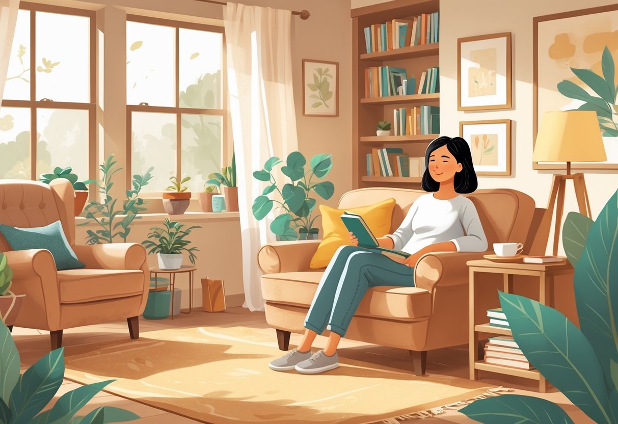A teacher relaxing in a cozy living room with soft lighting, plants, books, and a cup of tea.