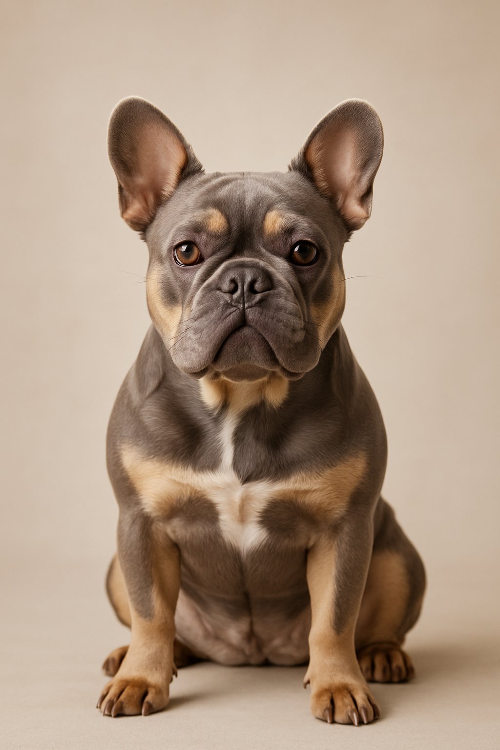 A lilac and tan French bulldog sitting calmly with upright ears and a gentle expression.