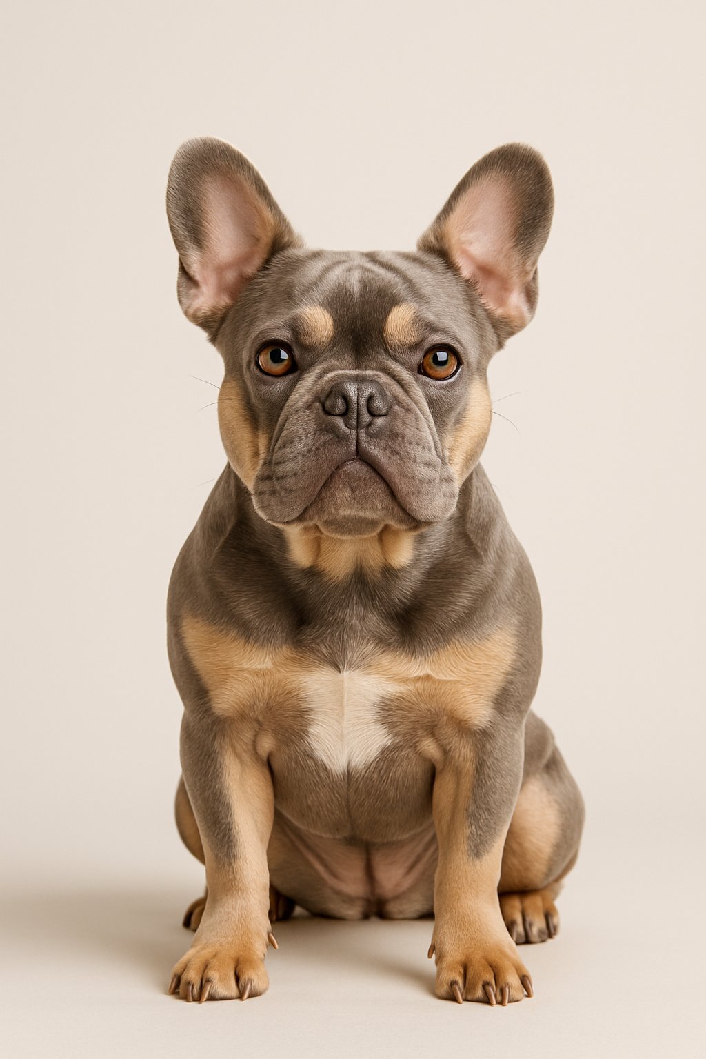 A lilac and tan French bulldog sitting calmly against a neutral background.
