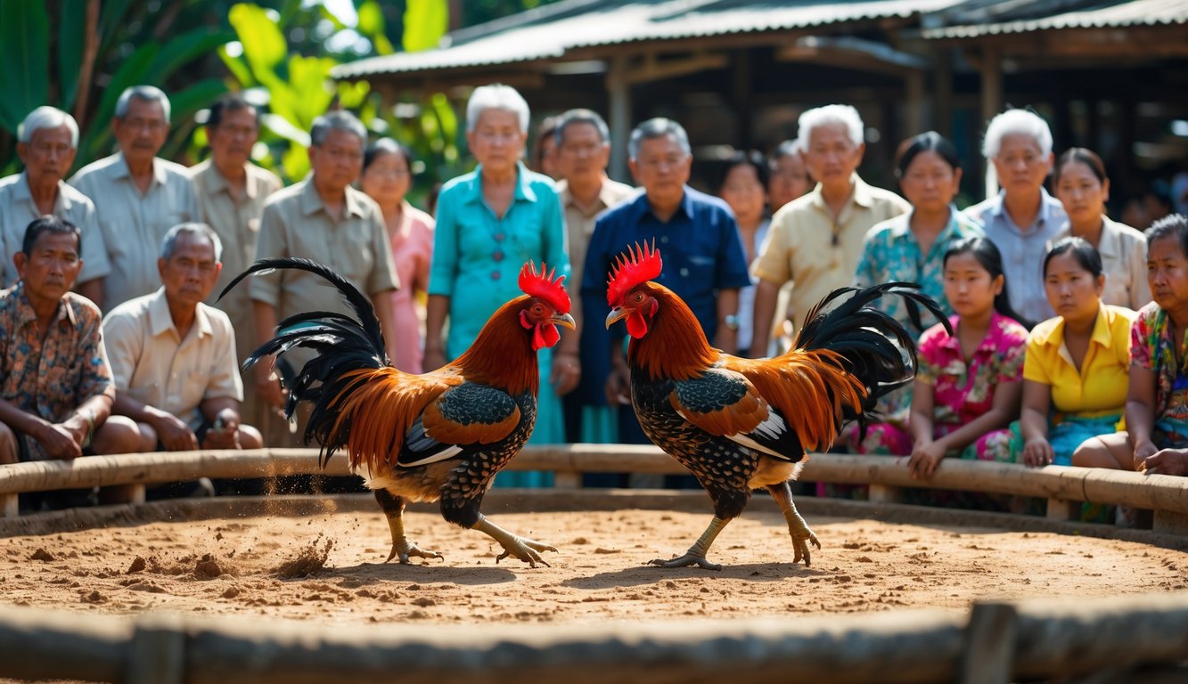 Dua ayam jago bertarung di arena tanah dikelilingi oleh penonton yang memperhatikan dengan serius di lingkungan pedesaan.