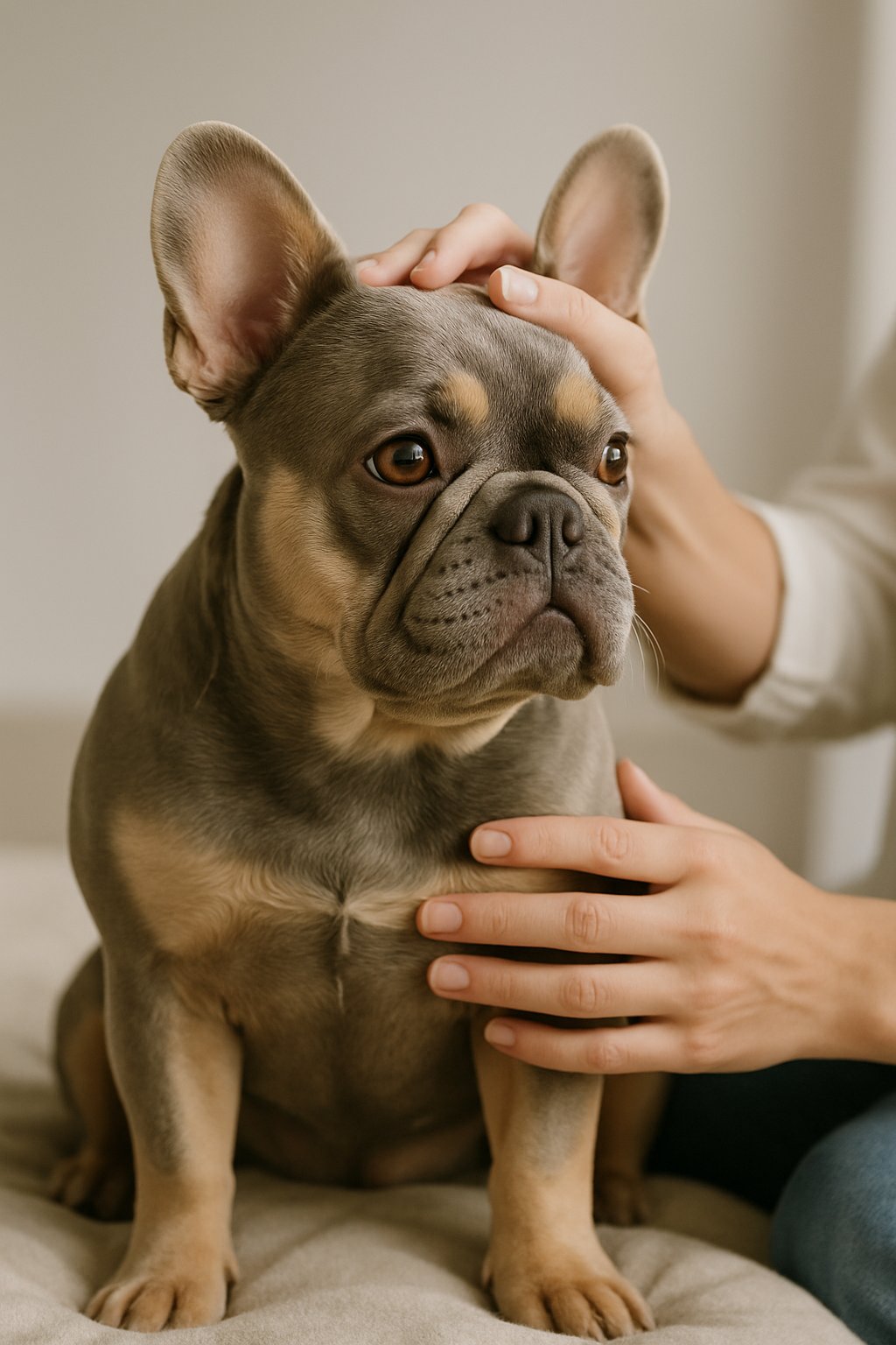 A lilac and tan French Bulldog being gently cared for by a person indoors.