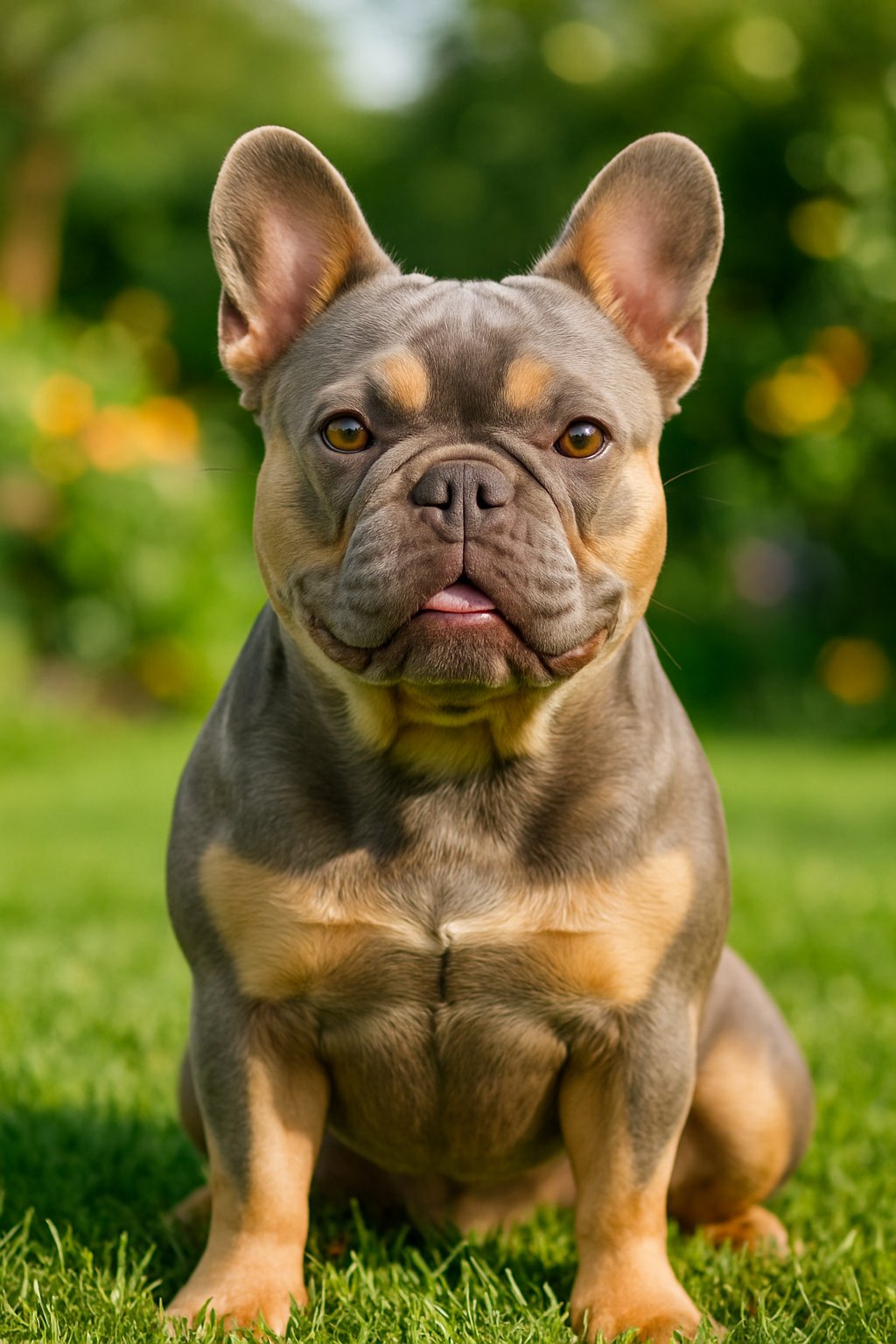 A lilac and tan French bulldog sitting on green grass in a garden.