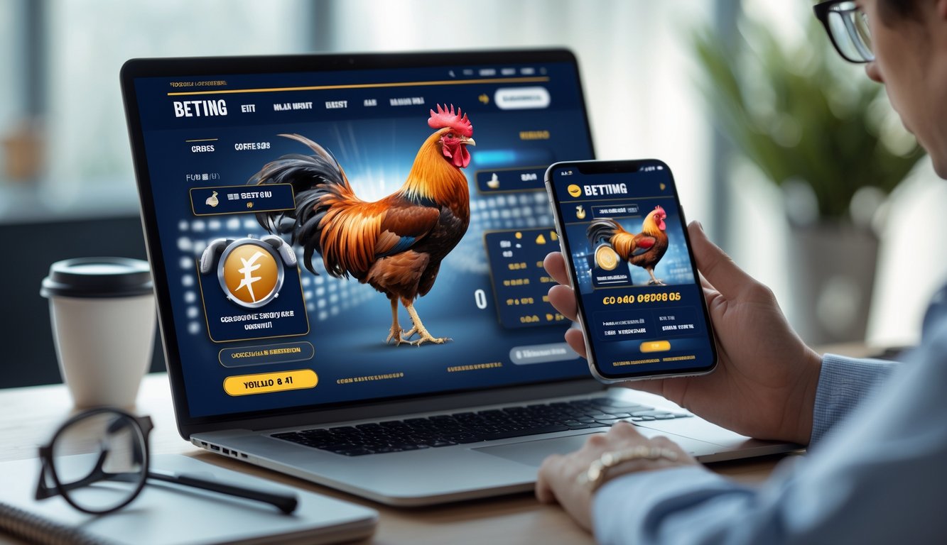 Seseorang menggunakan laptop dan ponsel di meja kerja dengan tampilan aplikasi taruhan ayam online.