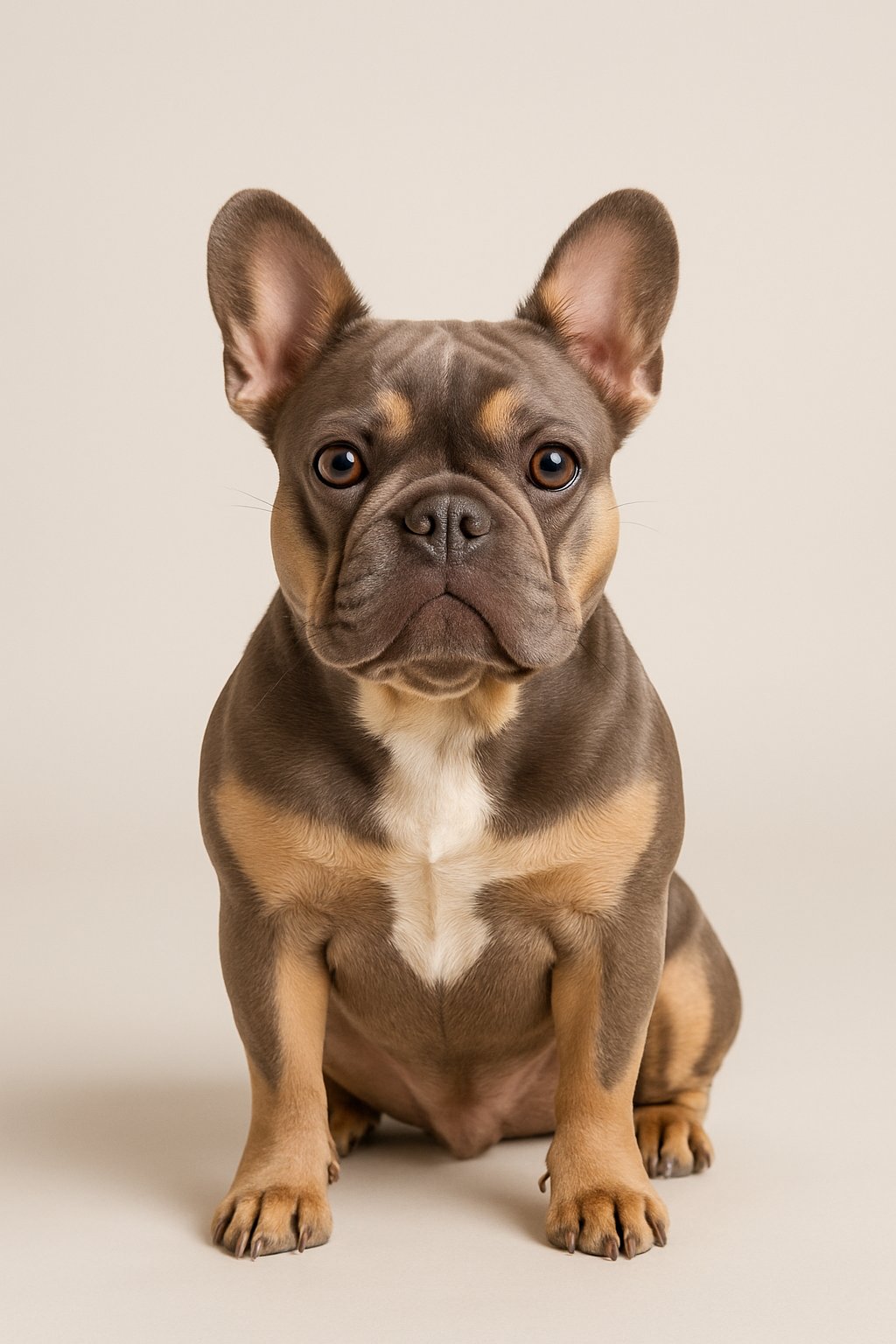 A lilac and tan French bulldog sitting and looking forward against a plain background.