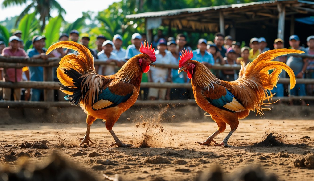 Dua ayam jago sedang bertarung di arena terbuka dengan penonton mengelilingi mereka.