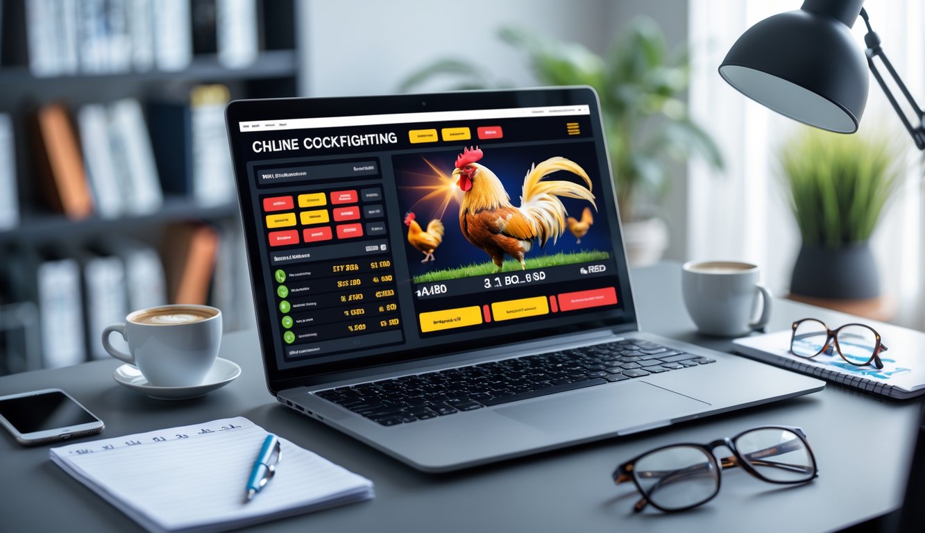 Meja kerja modern dengan laptop yang menampilkan situs taruhan sabung ayam online, dikelilingi oleh ponsel, cangkir kopi, buku catatan, dan tanaman hias.