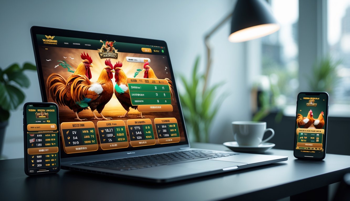 Sebuah meja kerja modern dengan laptop dan ponsel yang menampilkan situs judi ayam bangkok online, dikelilingi oleh cangkir kopi dan pencahayaan lembut.